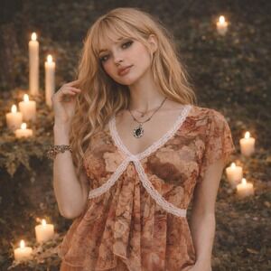 Rebellious Dreamer Floral Babydoll Top Women M Lace Fairy Coquette Boho Romantic